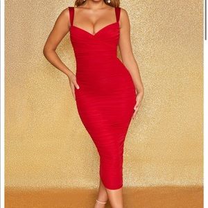 OH POLLY FIT THE BILL RUCHED MESH BODYCON DRESS